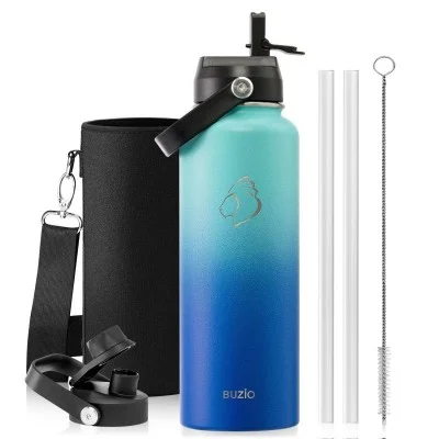 Buzio Duet Series Water Bottle with 2 Lids and Sleeve 1.2L - Caribbean Blue